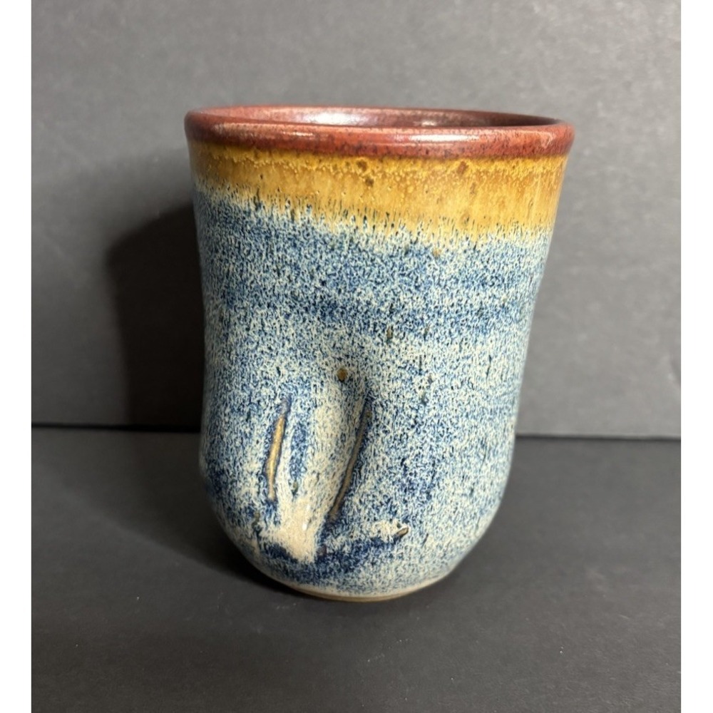 Handmade Pottery Indented Mug Warmer Cup Signed Handmade Blue Brown